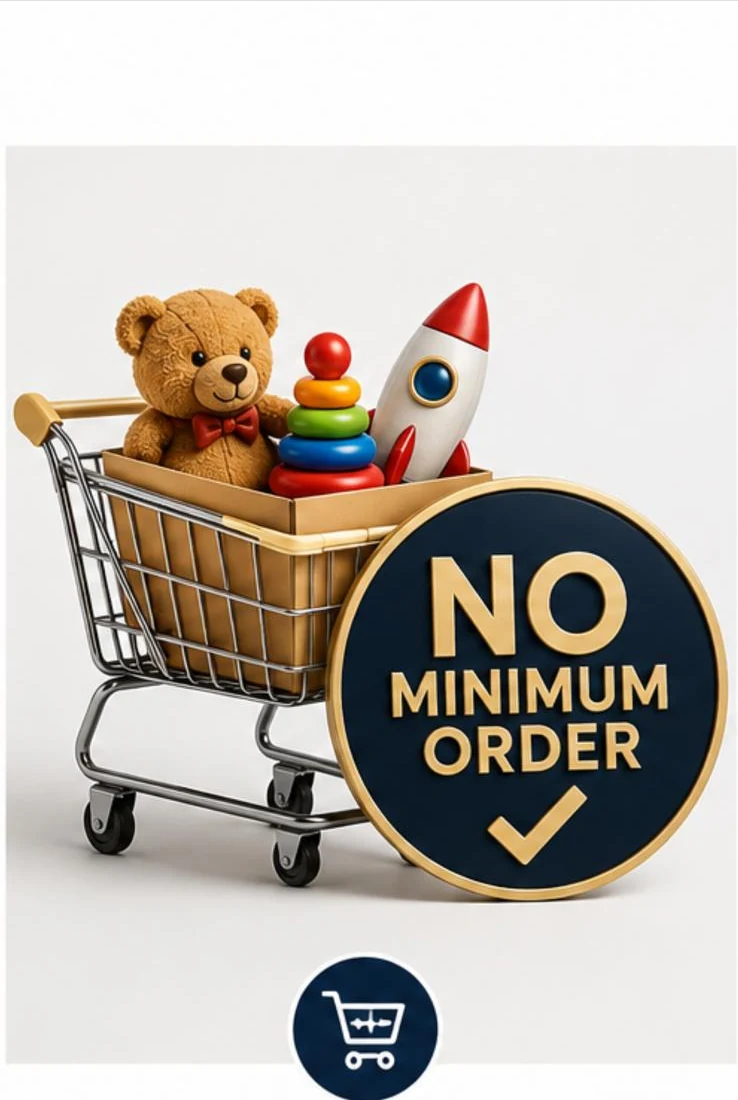 A trolley of toys beside a no minimum order seal.