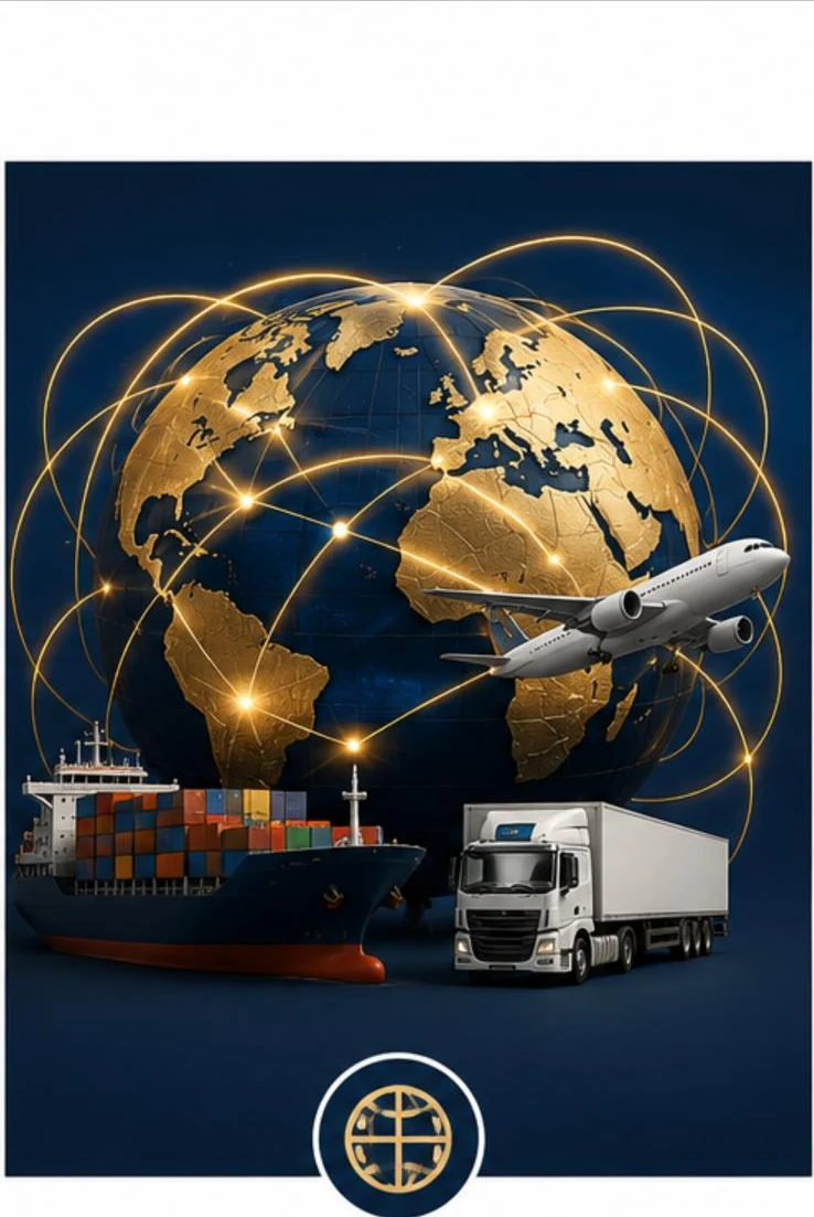 A container ship, freight lorry and aircraft against a globe of trade routes.